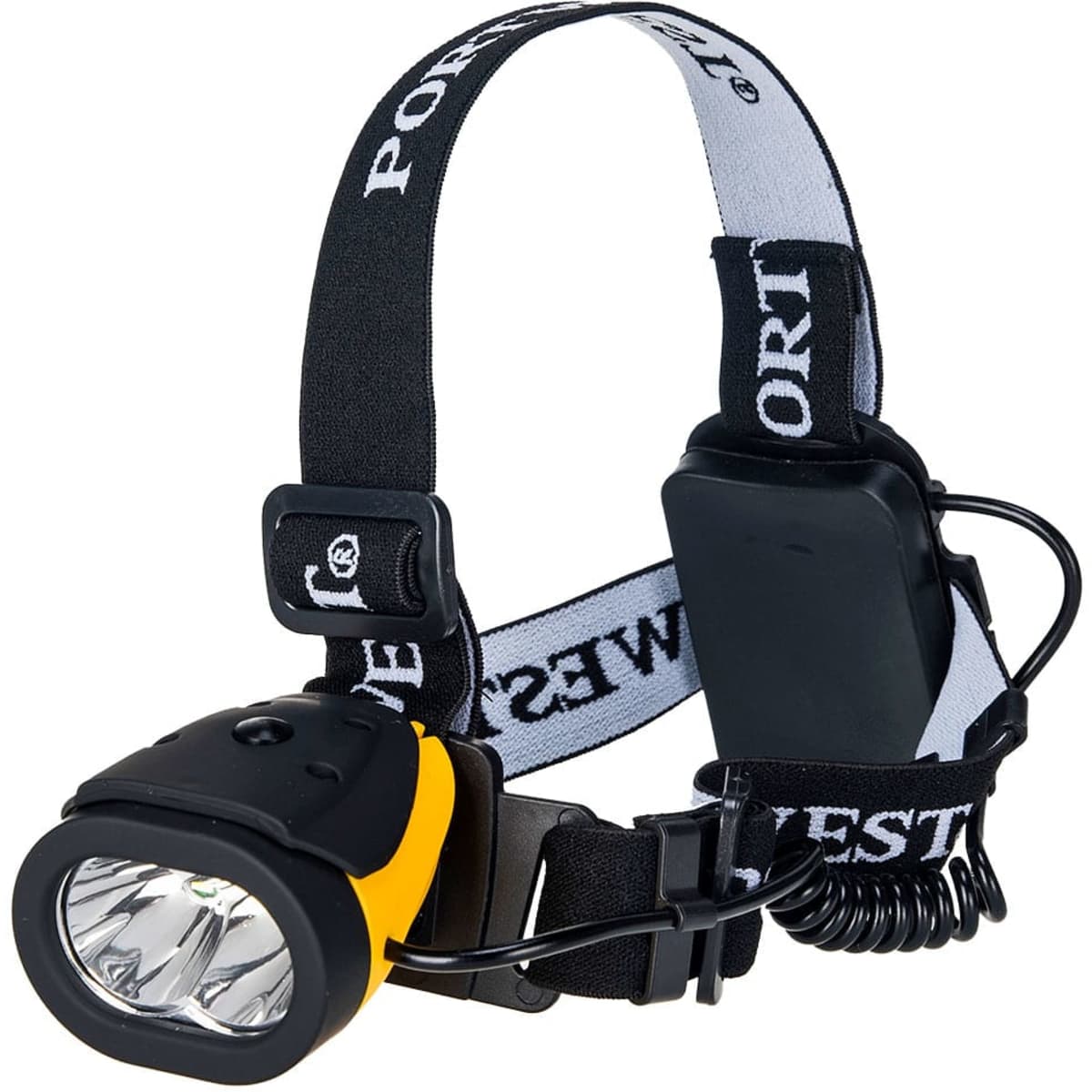 A yellow and black dual power headlight with adjustable straps and an attached battery pack. It features a logo branding.