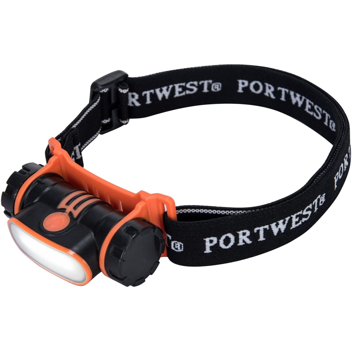 A black and orange rechargeable LED headlight with an adjustable strap, featuring a logo on the band.