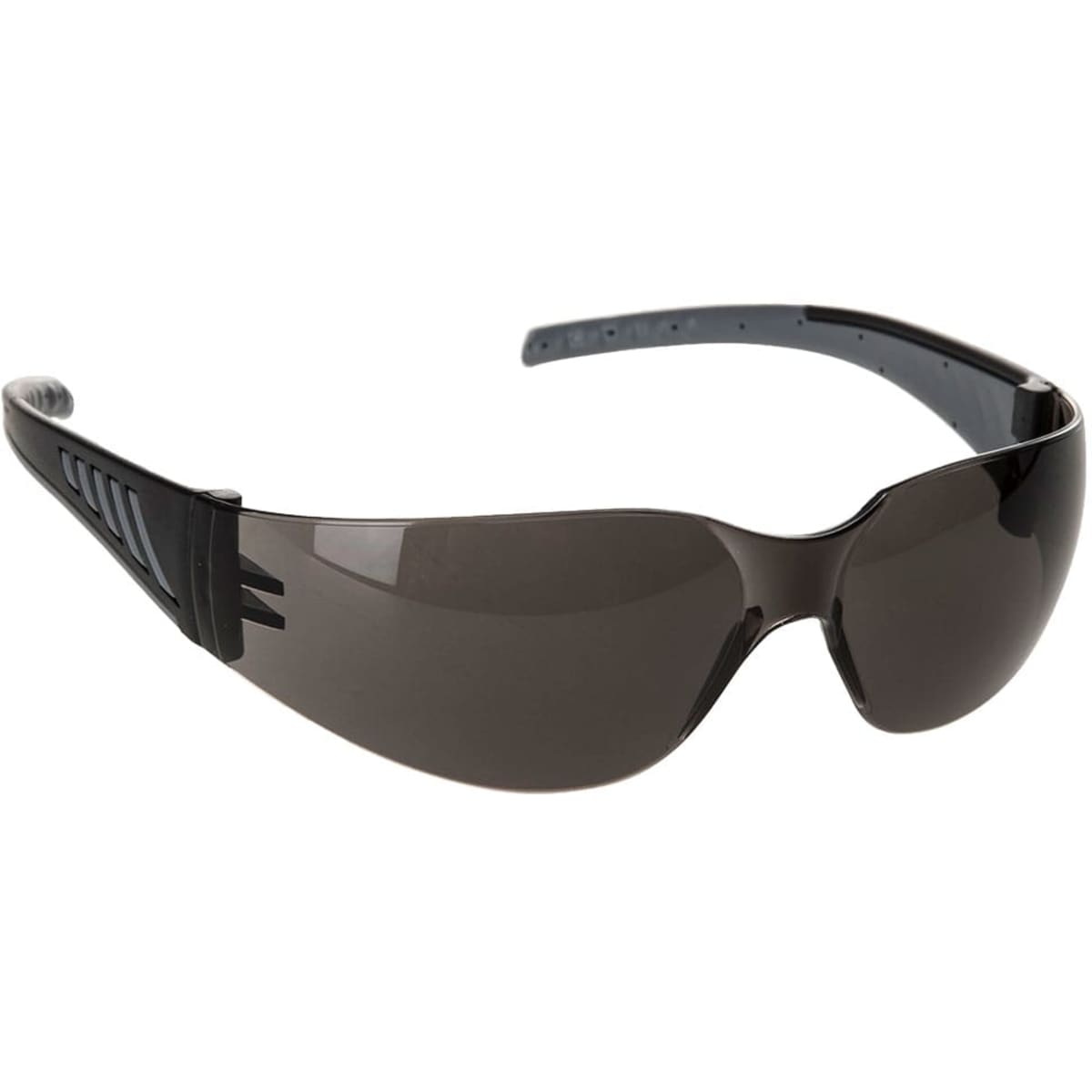 A pair of black wrap-around sunglasses with a sleek design and adjustable temples, featuring a logo on the side.