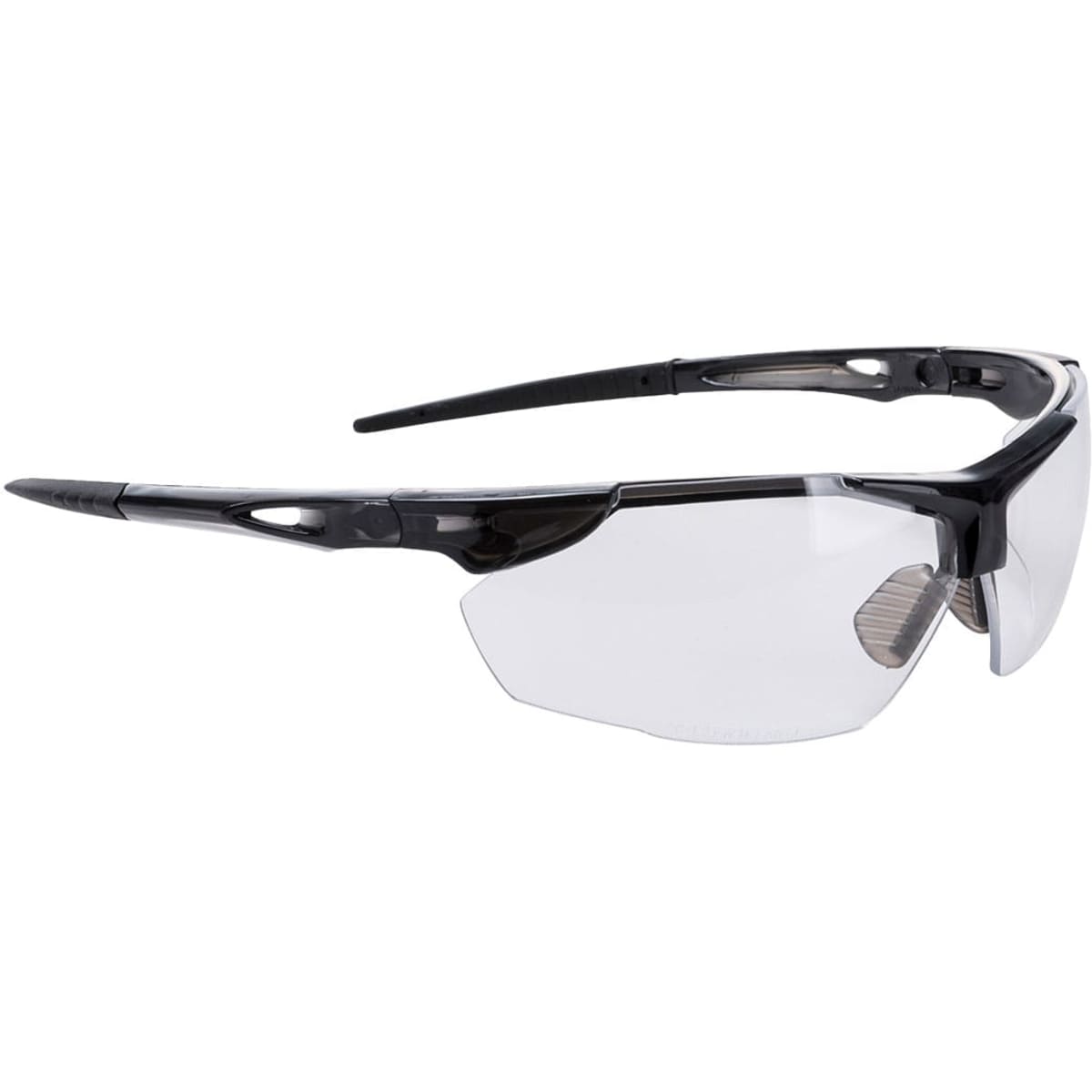 A pair of transparent safety spectacles with black frames and a sleek design. Features a logo on the side.