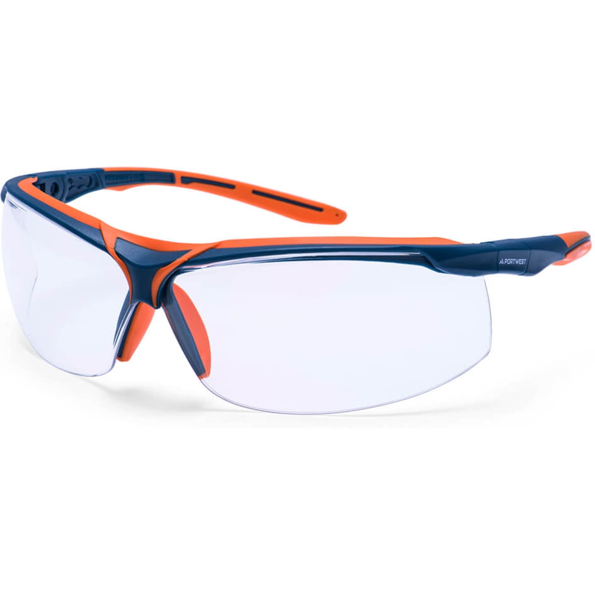 Safety glasses with a clear lens, featuring navy blue and orange frames. The design includes a logo on the side.