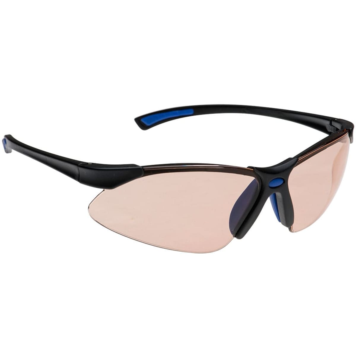 Blue light blocking spectacles with a black frame and amber-tinted lenses, featuring blue accents on the sides.