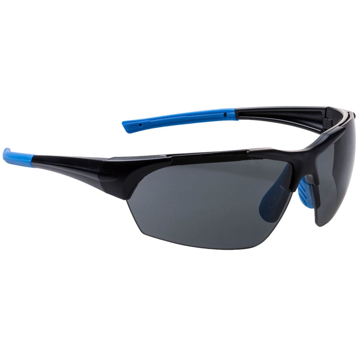 A pair of black sunglasses with blue accents and dark lenses, featuring a sleek design and a logo on the side.
