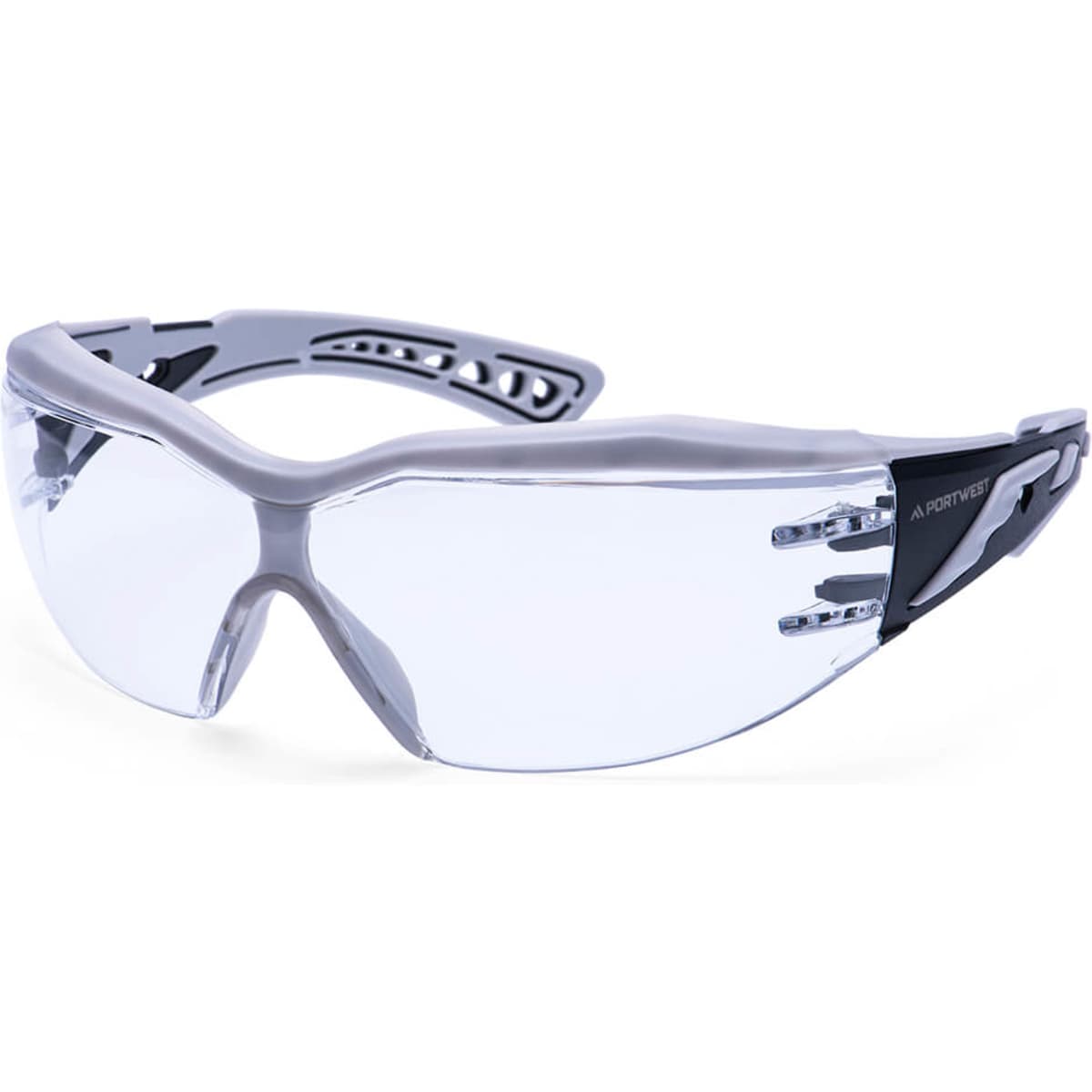 Safety glasses with a clear lens and grey frame, featuring a sleek design and a logo on the side.