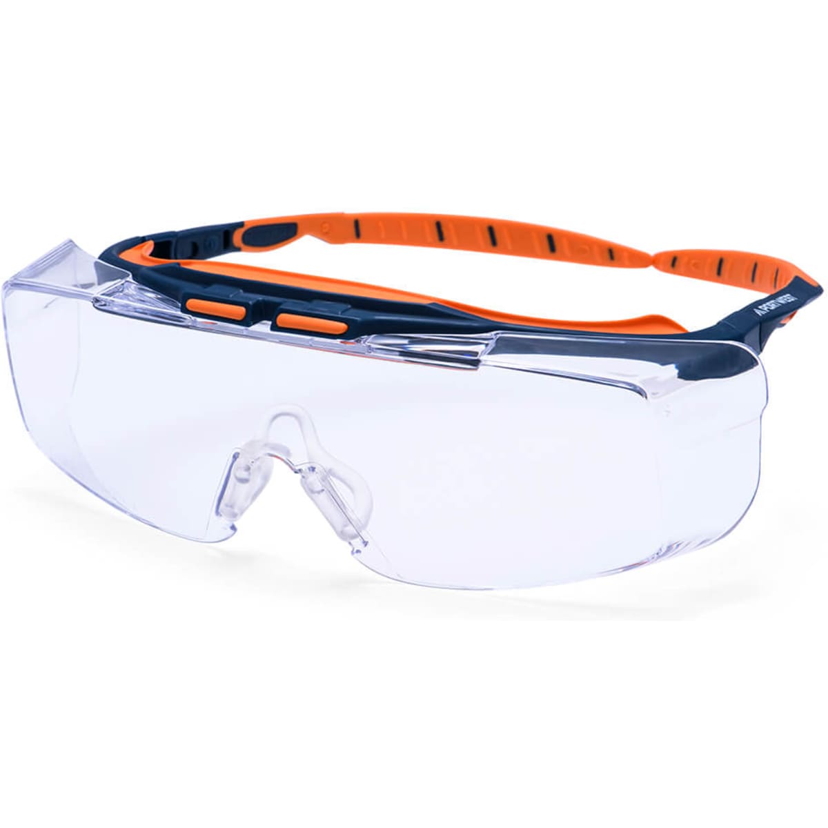 Peak OTG safety glasses with a clear lens and a black and orange adjustable strap. Features a logo on the frame.