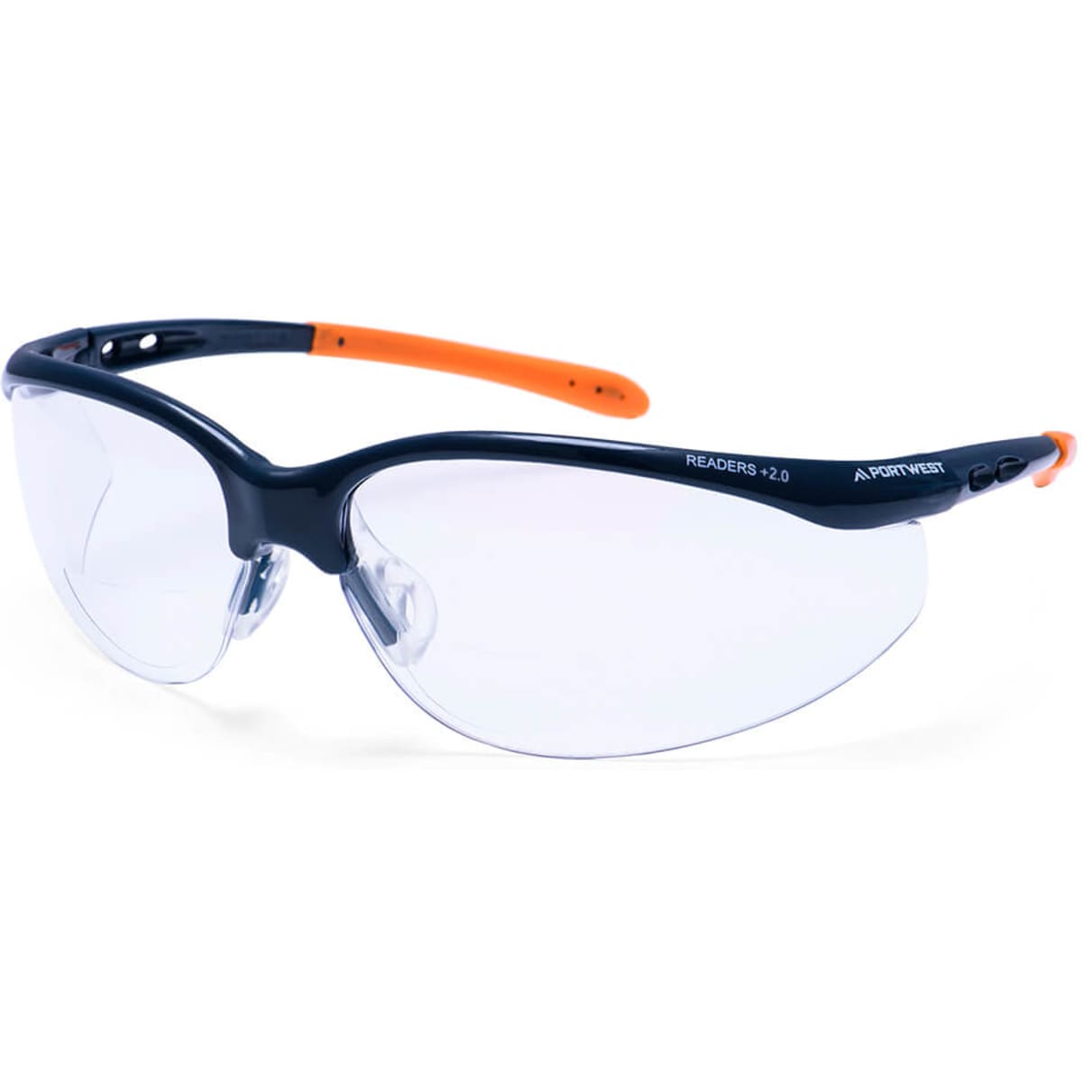 Safety Readers feature a navy frame with orange accents and clear lenses, designed for eye protection.