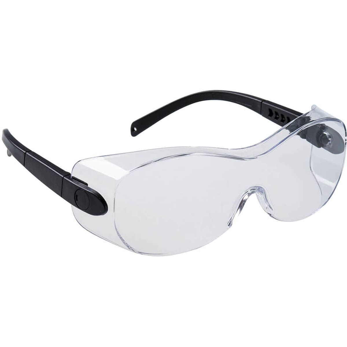 A pair of clear safety glasses with black arms and a sleek design. Features a logo on the frame.