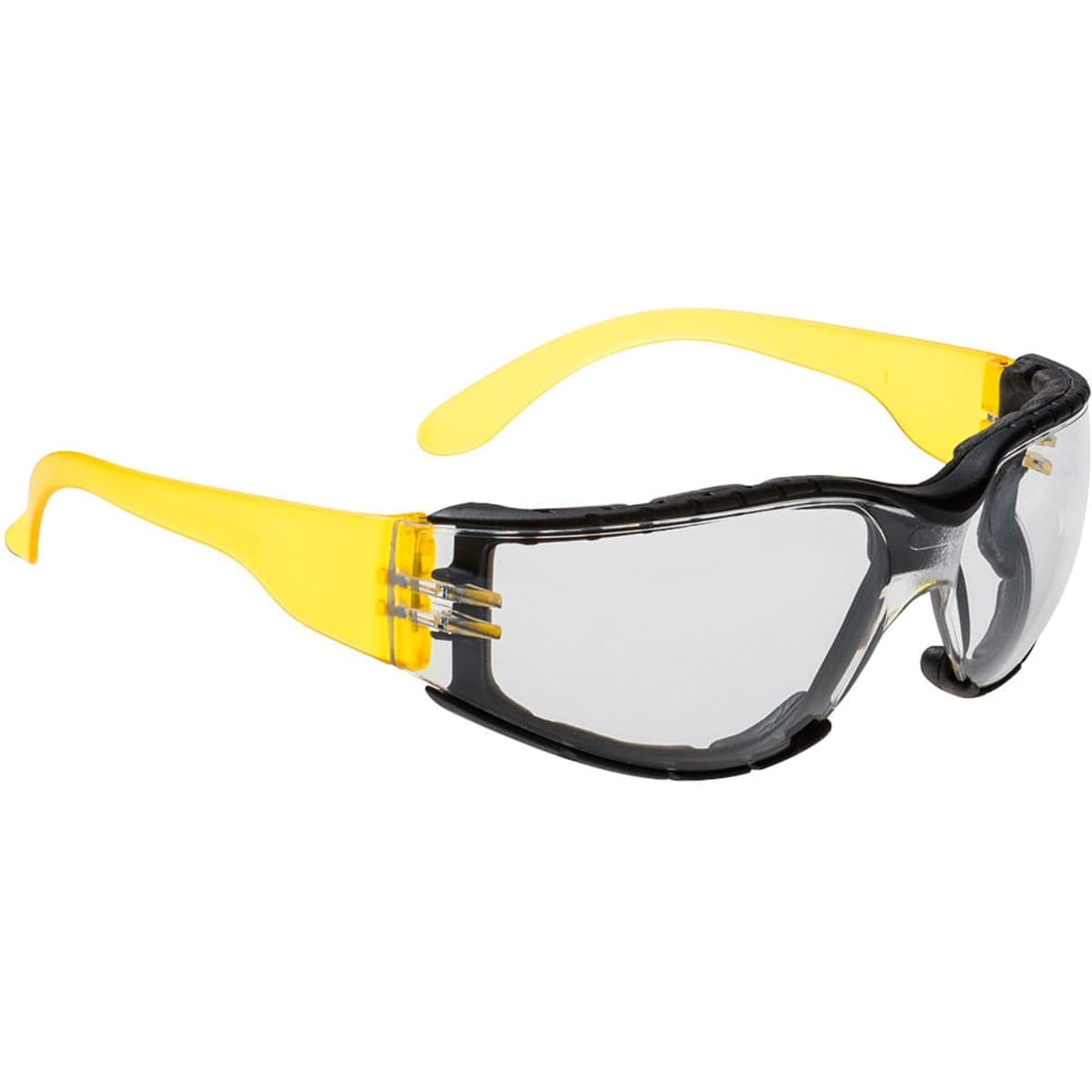 A pair of safety spectacles featuring clear lenses with a black frame and yellow ear grips. The design includes a logo.
