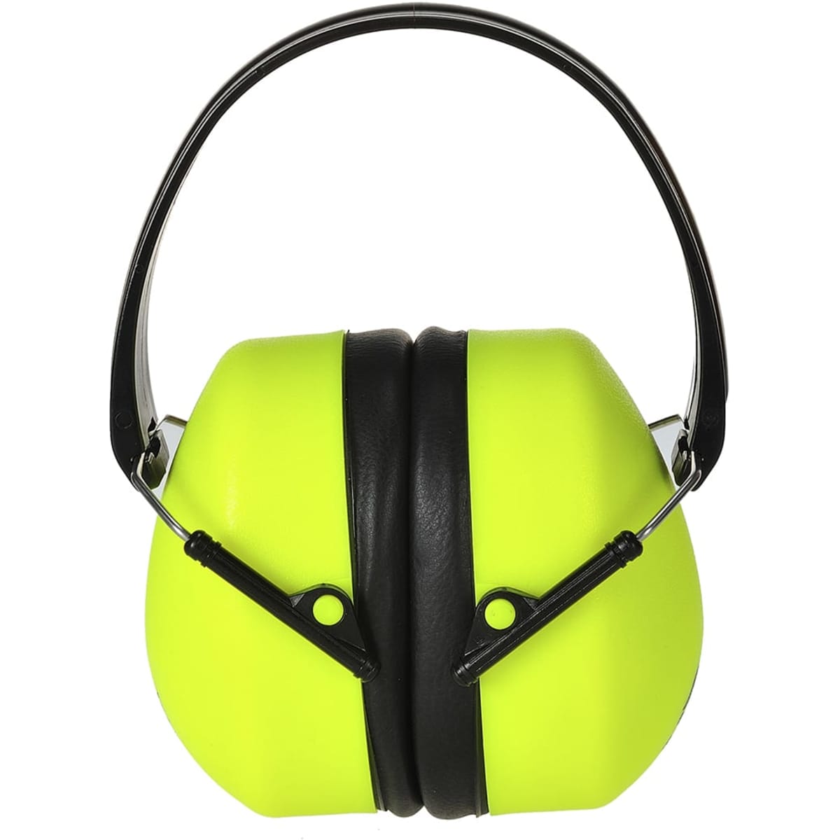 A bright yellow ear protector with a black band, featuring a logo on one side.