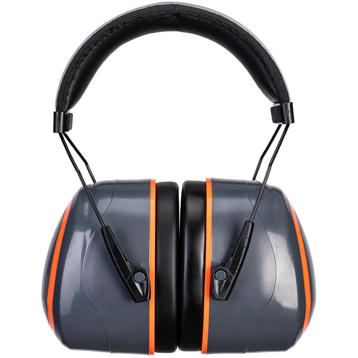 A pair of grey ear muffs with orange accents, featuring a padded headband and adjustable sides, and a logo.