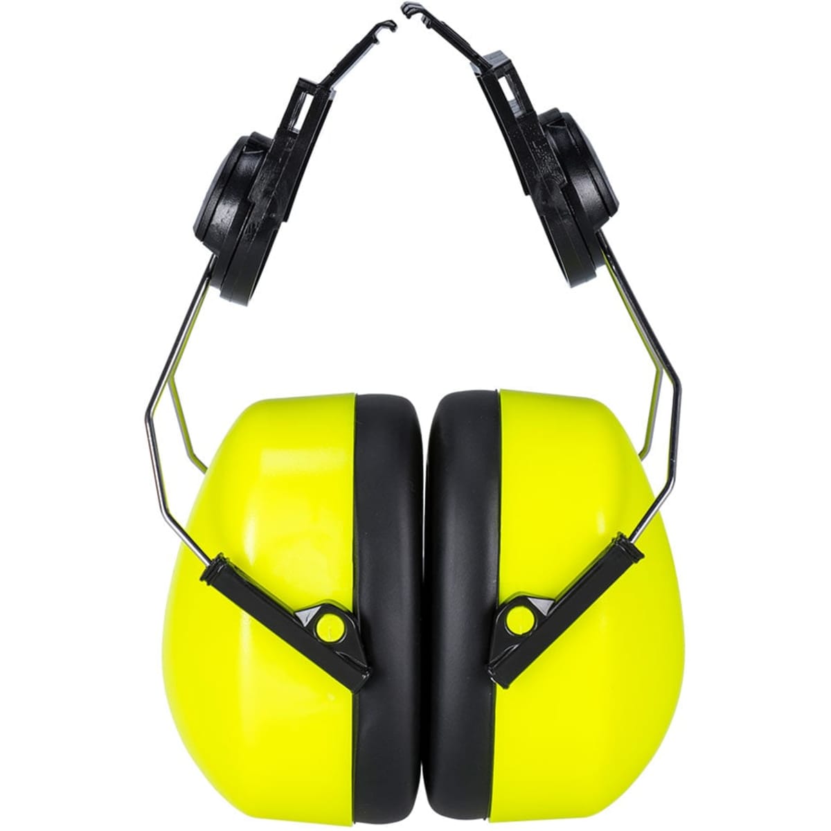 Hi-Vis clip-on ear protectors in bright yellow with black padding and adjustable metal arms, featuring a logo.