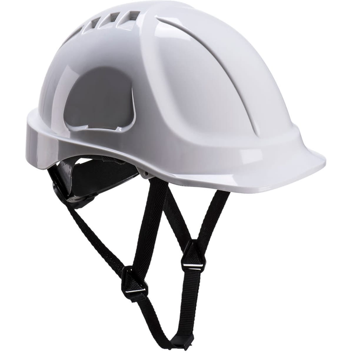 A white helmet featuring ventilation slots and adjustable straps. It has a logo on the side.