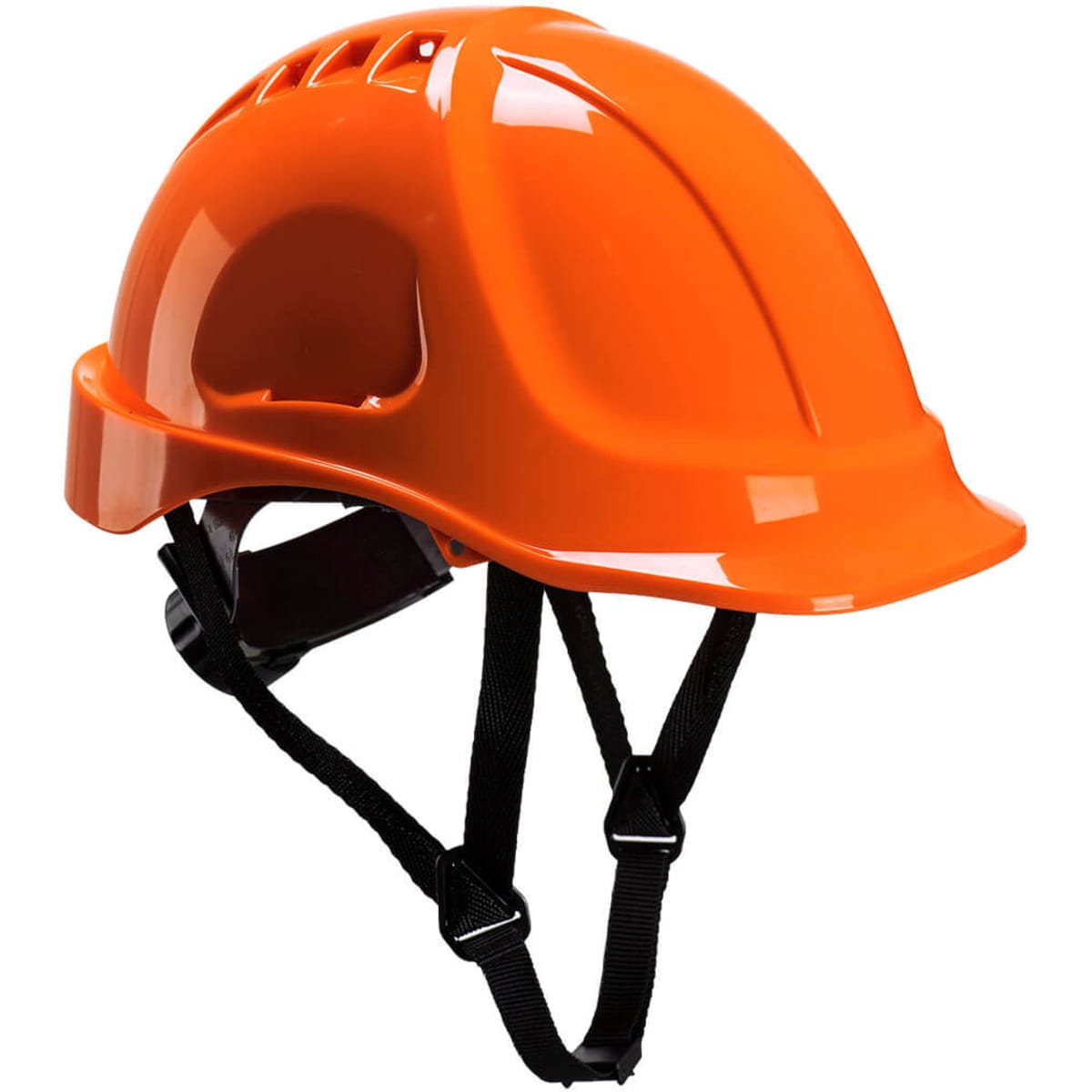 An orange helmet with ventilation holes and adjustable straps, featuring a logo on the side.