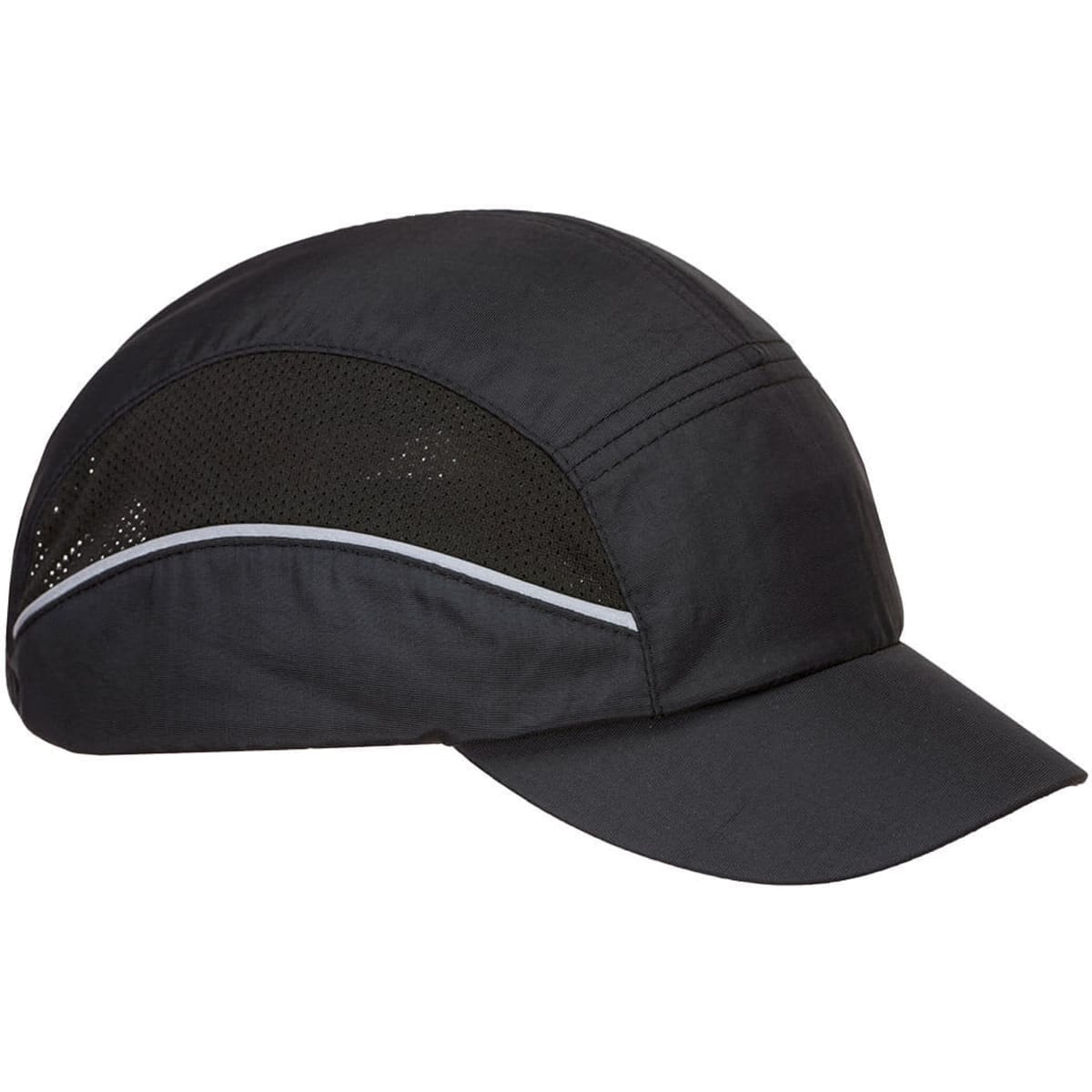 A black bump cap with mesh ventilation and a curved peak. It features a logo on the side.