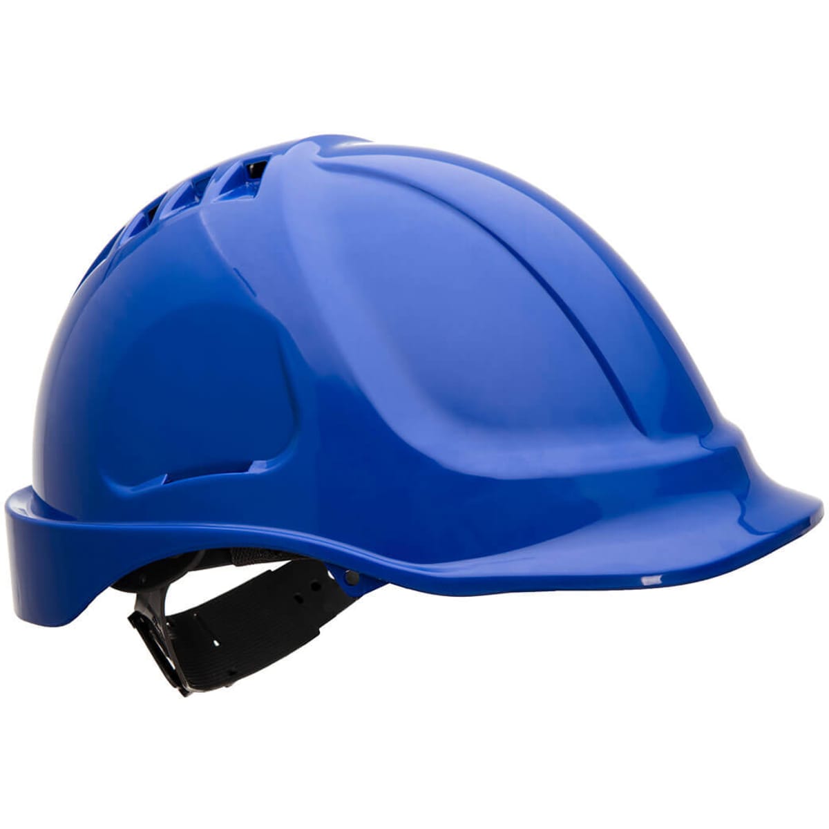 A blue safety helmet with ventilation slots and an adjustable chin strap, featuring a logo on the side.