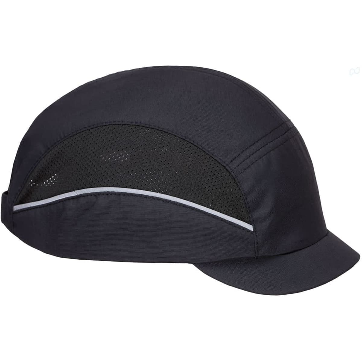 A black bump cap with a micro peak and mesh panels for ventilation, featuring a logo.
