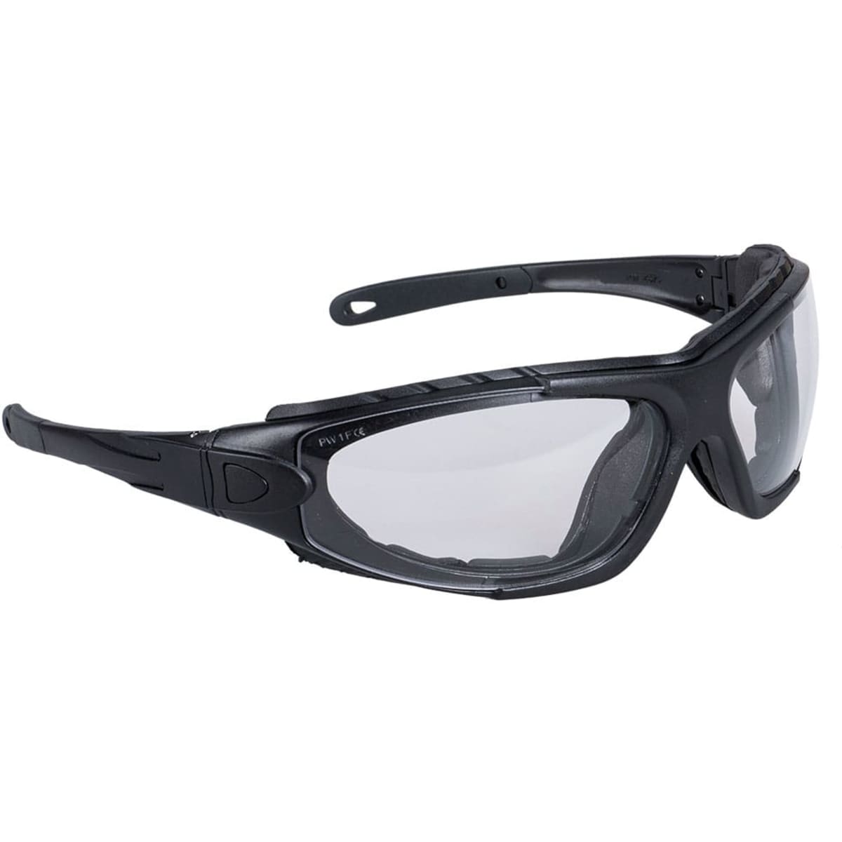 A pair of black safety spectacles with clear lenses and a sturdy frame, featuring a logo on the side.