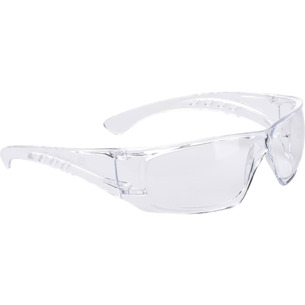 Clear safety spectacles in a transparent design, featuring a modern style and logo on the frame.
