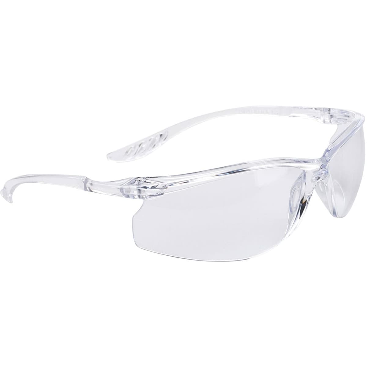 Clear safety spectacles with a lightweight frame, featuring a logo on the side.
