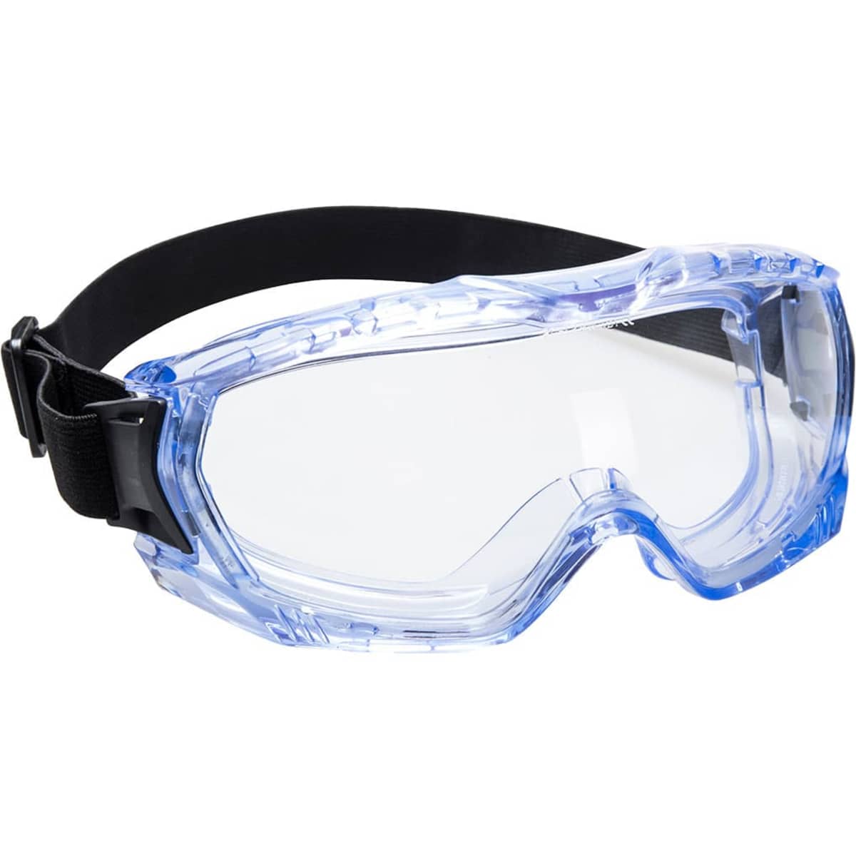 A pair of clear safety goggles with a blue frame and a black adjustable strap.