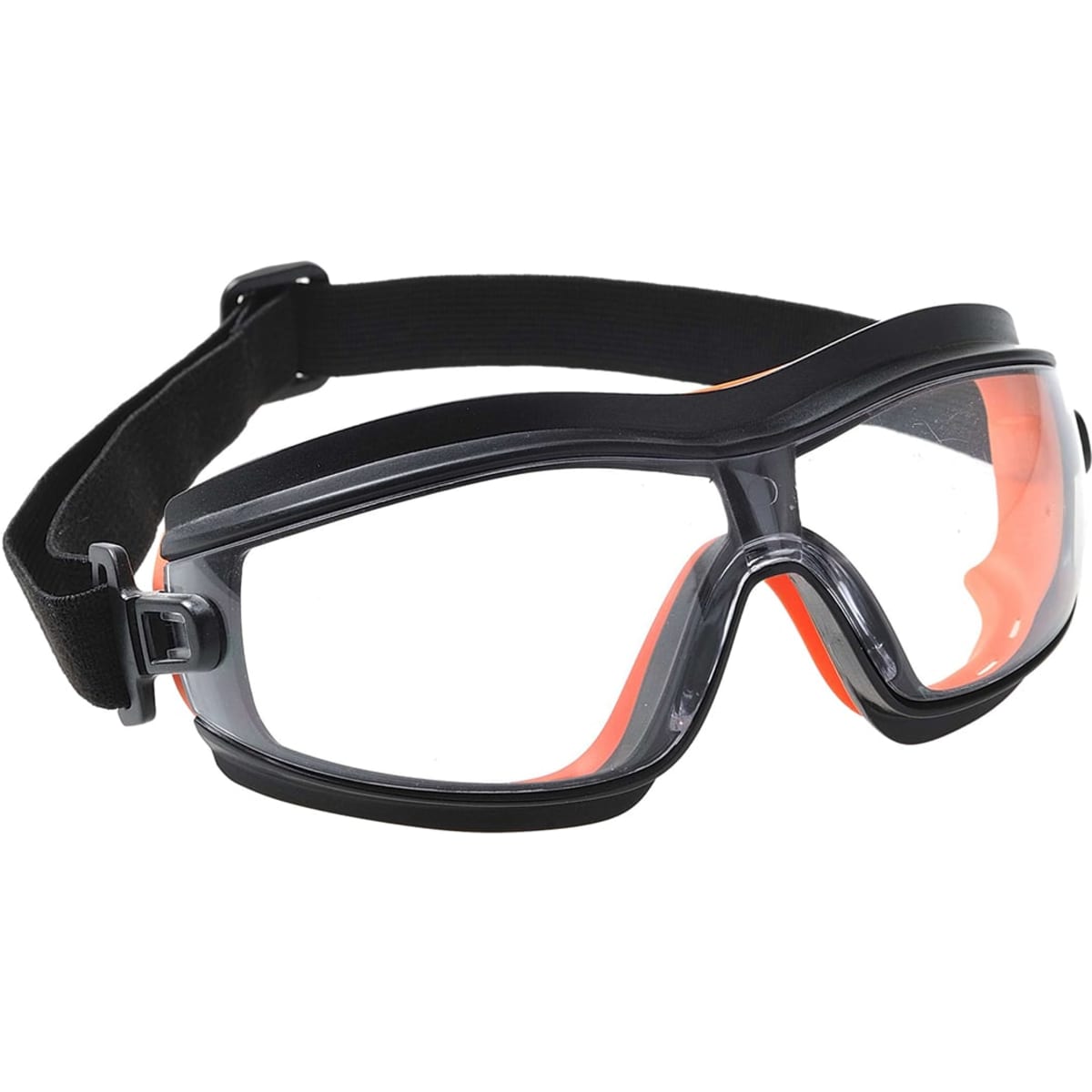 Slim safety goggle featuring clear lenses with black and orange detailing and an adjustable strap.