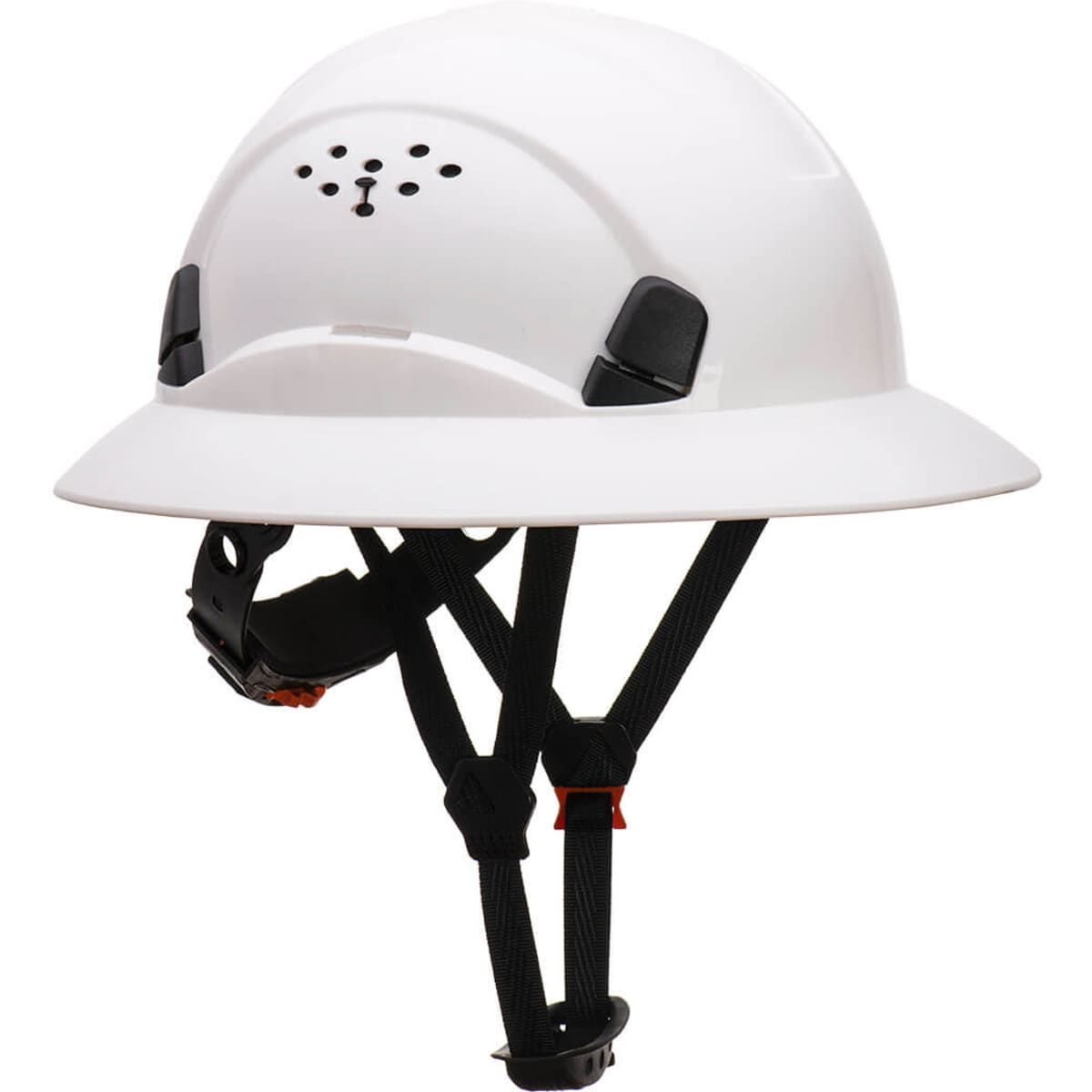 A white full brim hard hat with adjustable straps and ventilation holes, featuring a logo on the front.