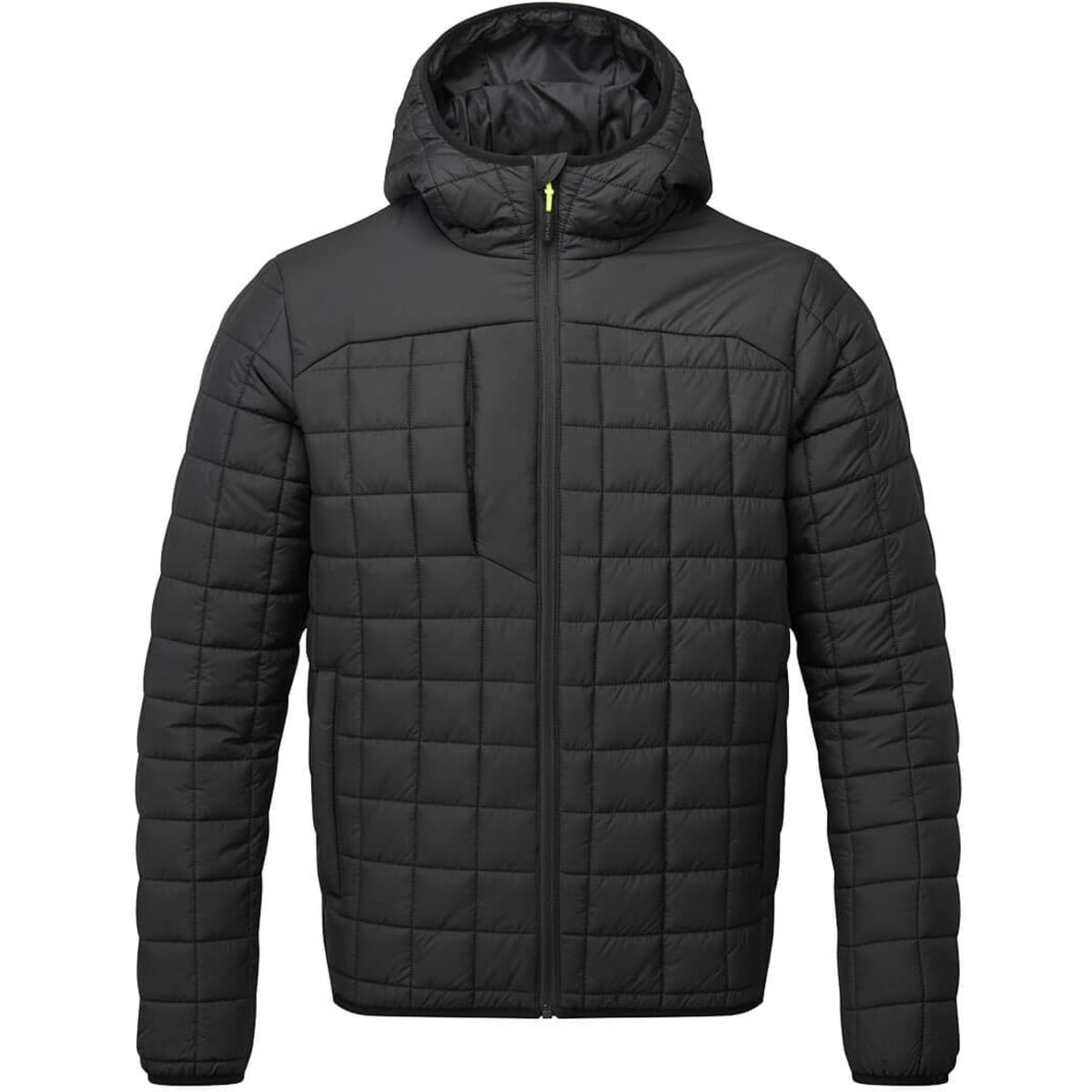 A black square baffle jacket featuring a hood and zip closure, with a quilted design and multiple pockets.