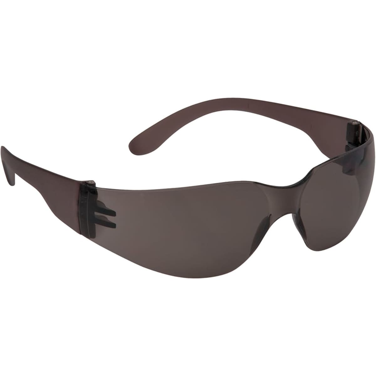 A pair of wrap-around sunglasses with dark lenses and brown frames. Features a logo on the side.
