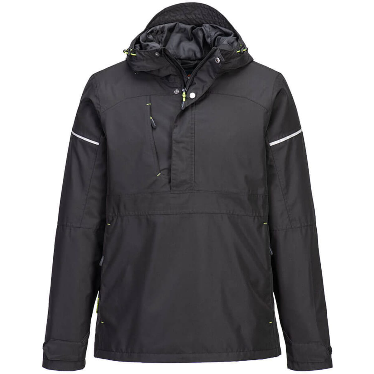 A black overhead rain jacket with a hood, featuring reflective detailing and a logo.