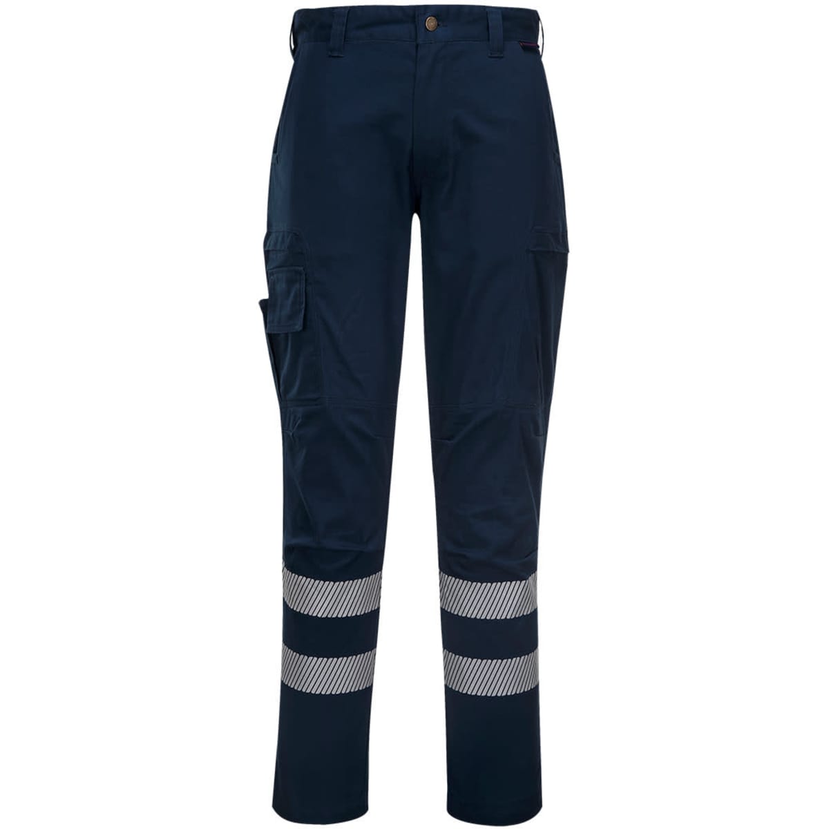 Navy work trousers featuring reflective stripes and multiple pockets, designed for durability and utility.