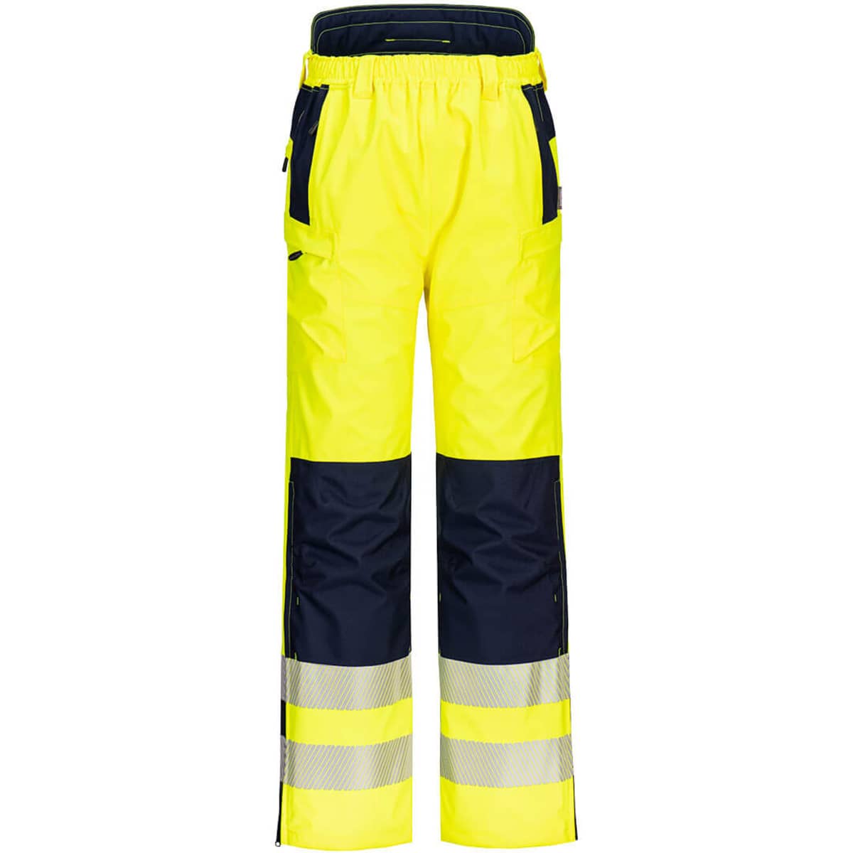 Hi-Vis extreme trousers in bright yellow and navy, featuring reflective strips and multiple pockets. Includes branding.