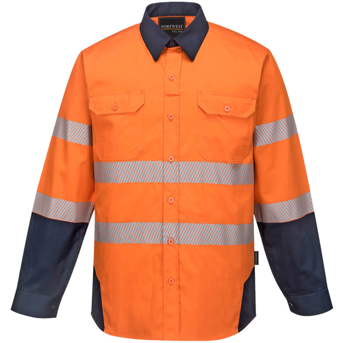 A high-visibility work shirt in orange with blue sleeves and reflective stripes, featuring a logo on the chest.