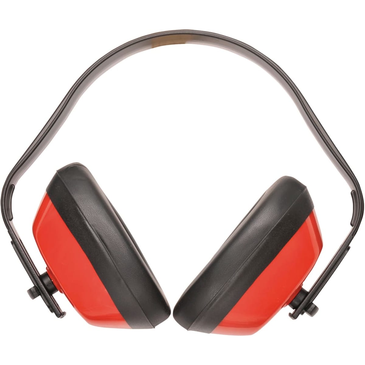 A pair of red and black ear muffs with a sturdy headband and a logo.
