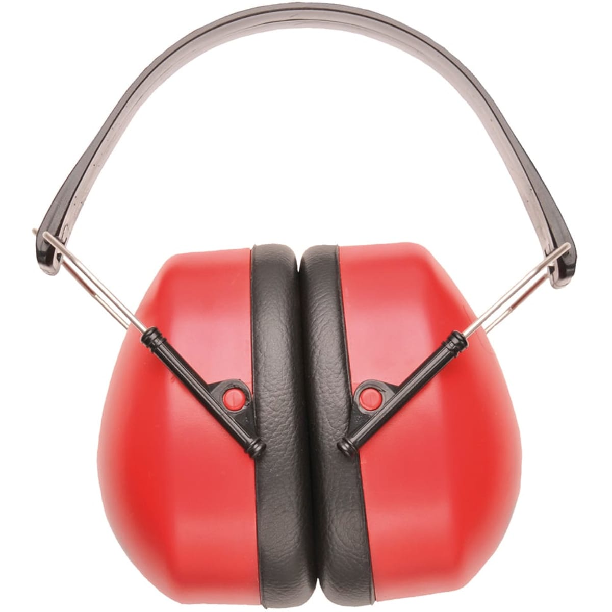 Red and black ear muffs designed for hearing protection, featuring a padded headband and a logo.