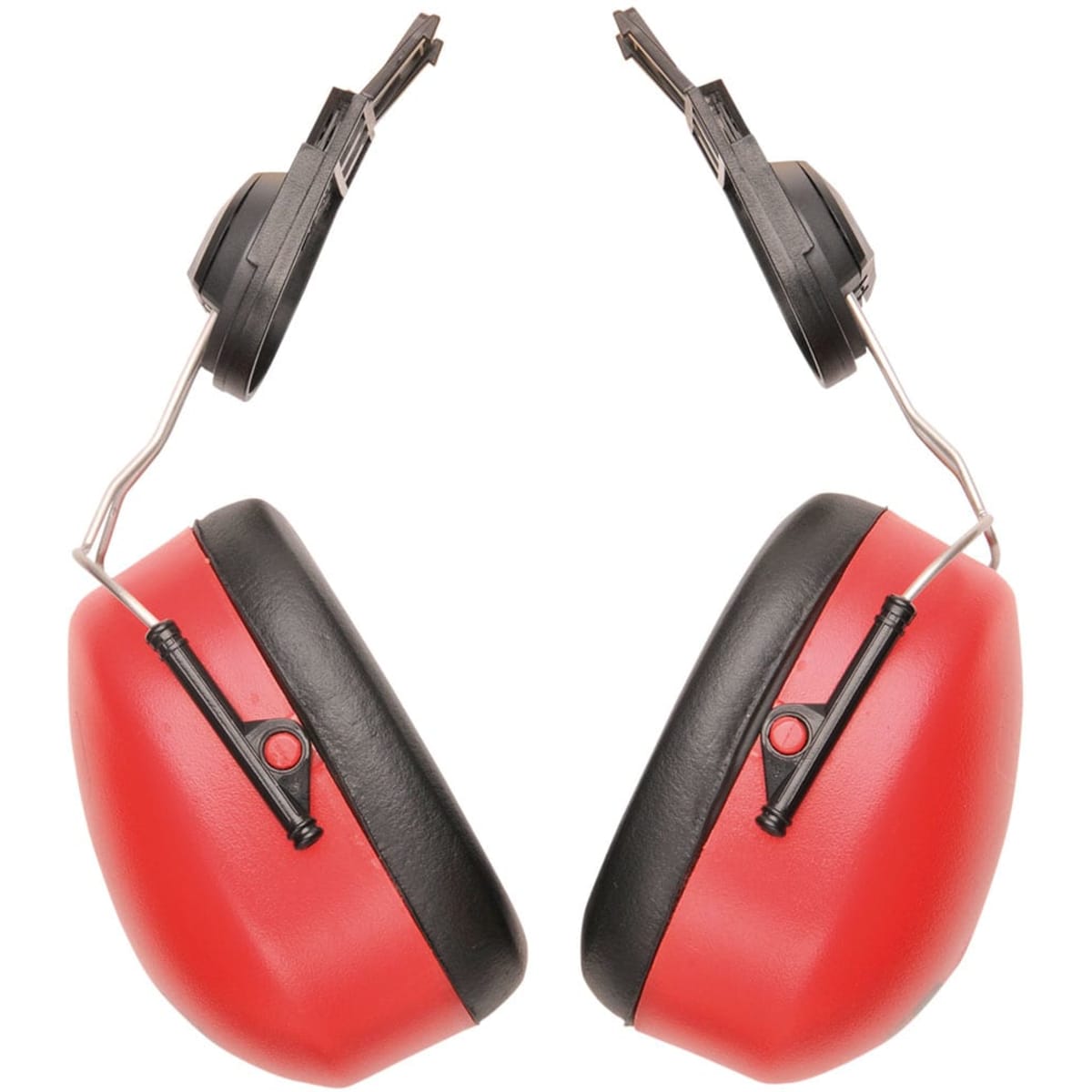 A pair of clip-on ear protectors featuring red and black colours, with a visible logo on one side.