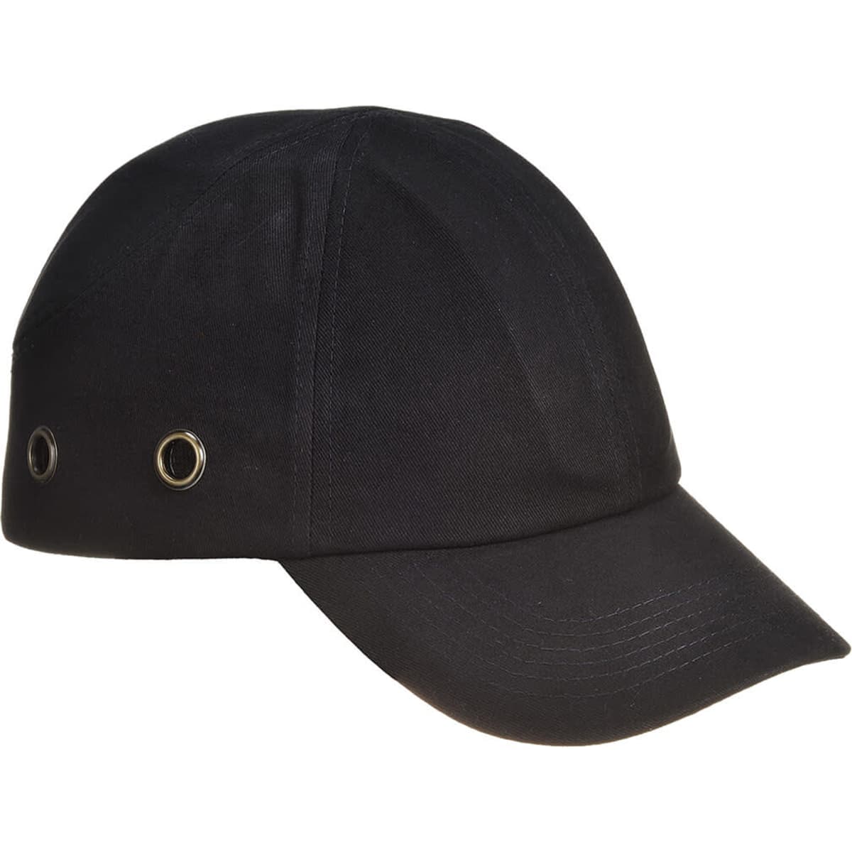 A black bump cap with ventilation eyelets, designed for safety wear in uniforms. It features a curved peak.