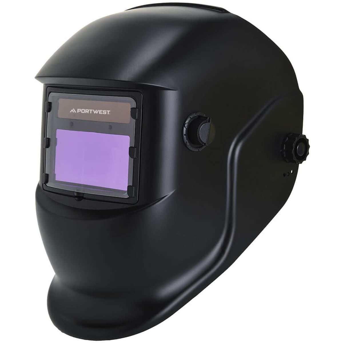 A black welding helmet with an adjustable visor and a logo on the side.