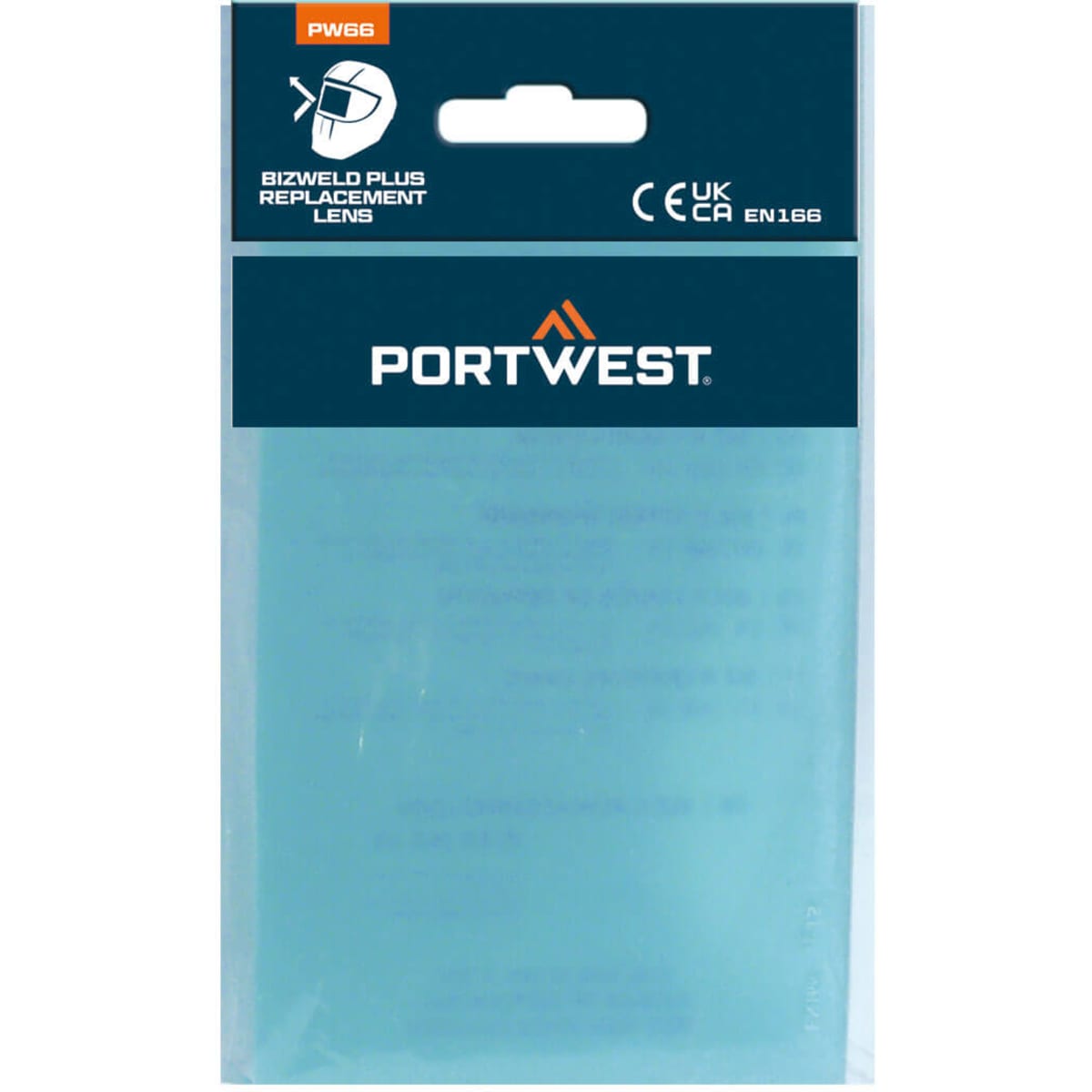 A blue replacement lens packaged in a clear plastic pouch, featuring a logo at the top.