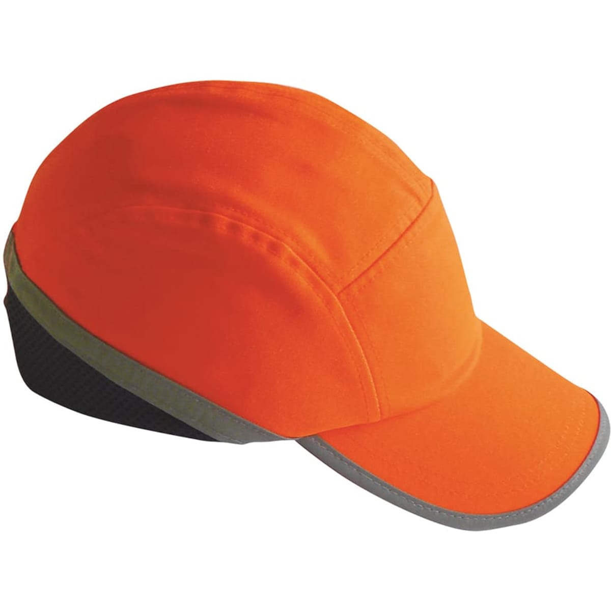 An orange bump cap with a black mesh section and reflective detailing on the brim. It features a logo.