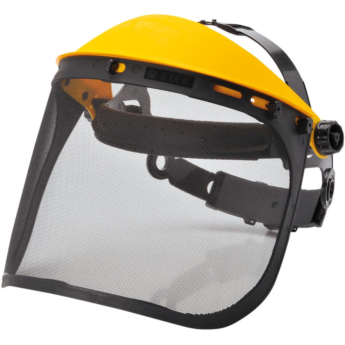 A yellow browguard with a mesh visor and adjustable straps, designed for protective headwear.