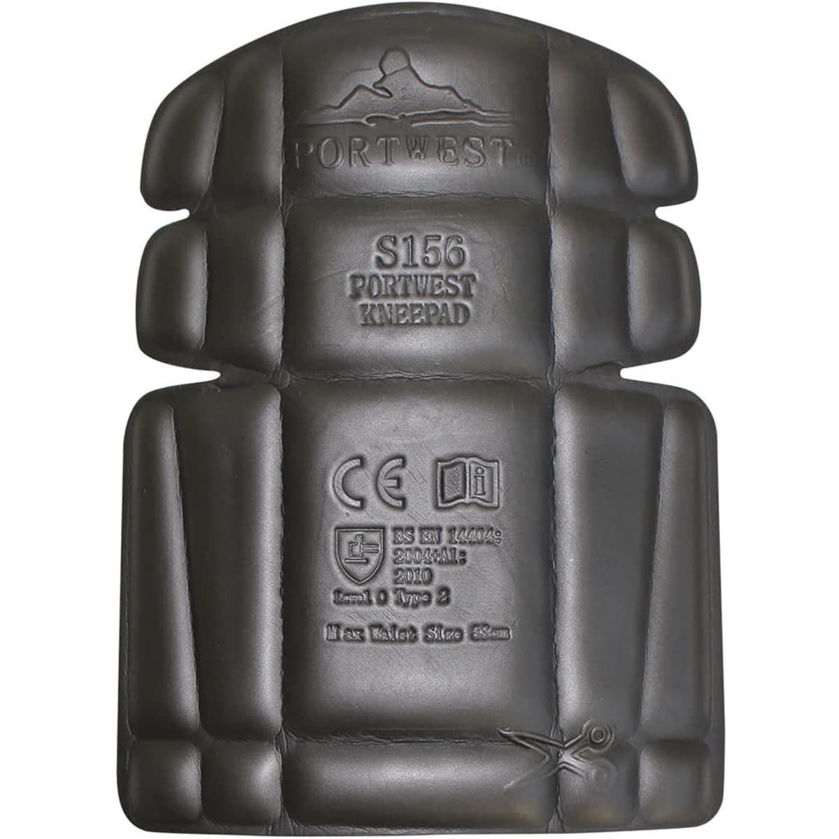 A pair of black knee pads with a contoured design and an embossed logo.