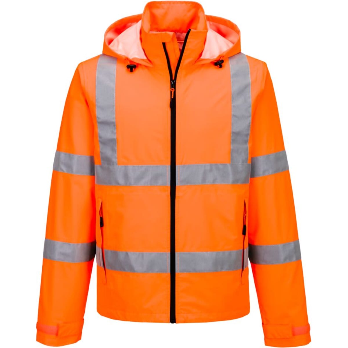 A high-visibility lightweight packable jacket in bright orange with reflective stripes and a hood. Features a zip front and pockets.