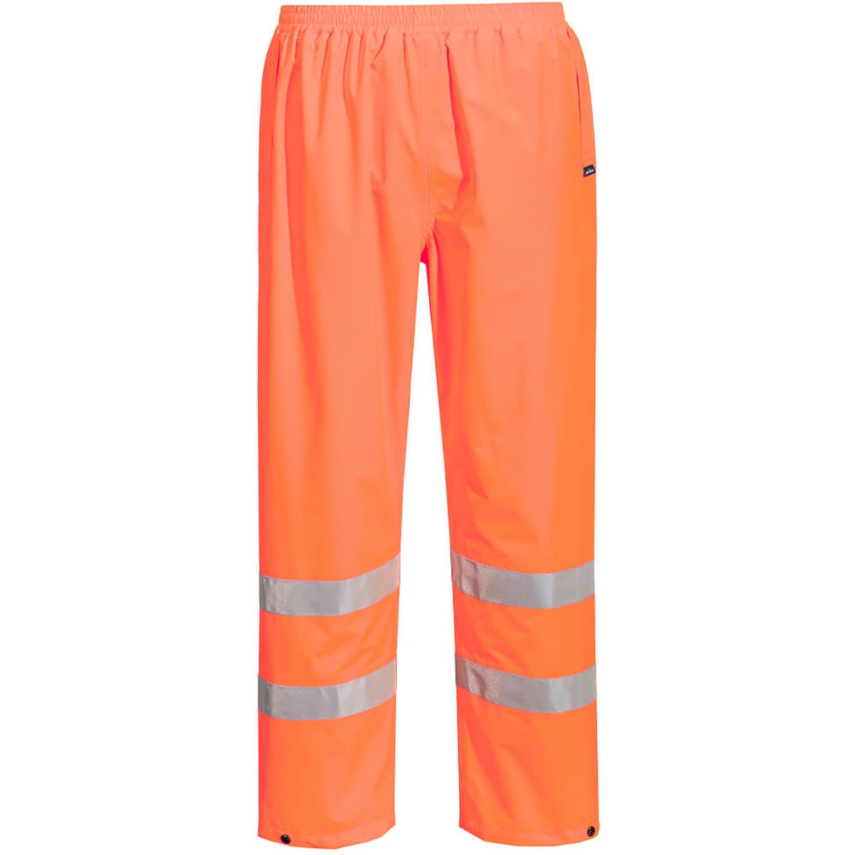 Hi-Vis lightweight packable trousers in bright orange with reflective stripes. Elasticated waistband for comfort.