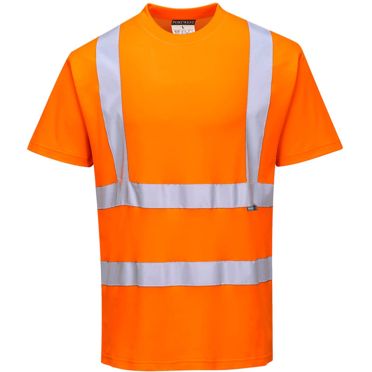 An orange short-sleeved T-shirt with reflective stripes and a logo.