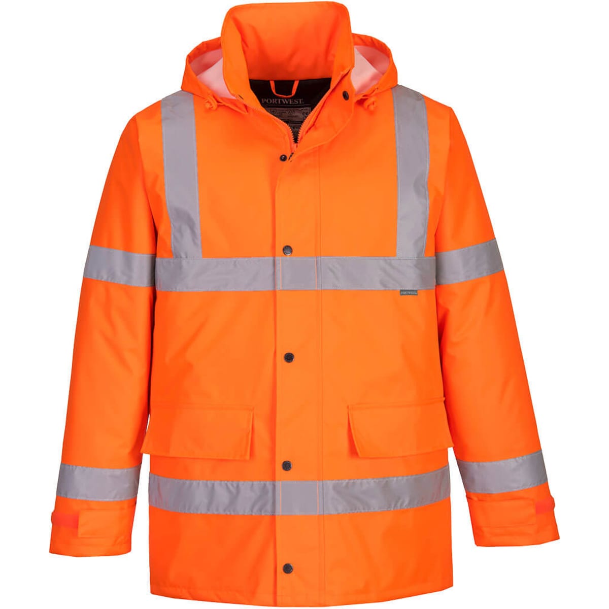 A bright orange Hi-Vis traffic jacket with reflective silver stripes, featuring a hood and front pockets.