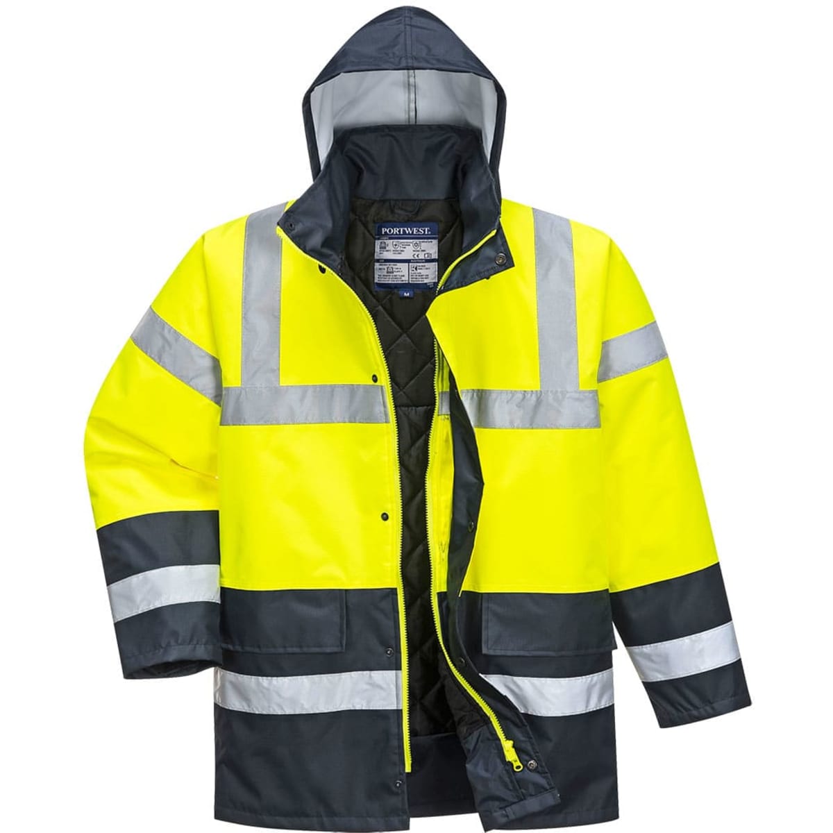 A high-visibility traffic jacket in bright yellow with black accents and reflective stripes, featuring a hood and zippered front.