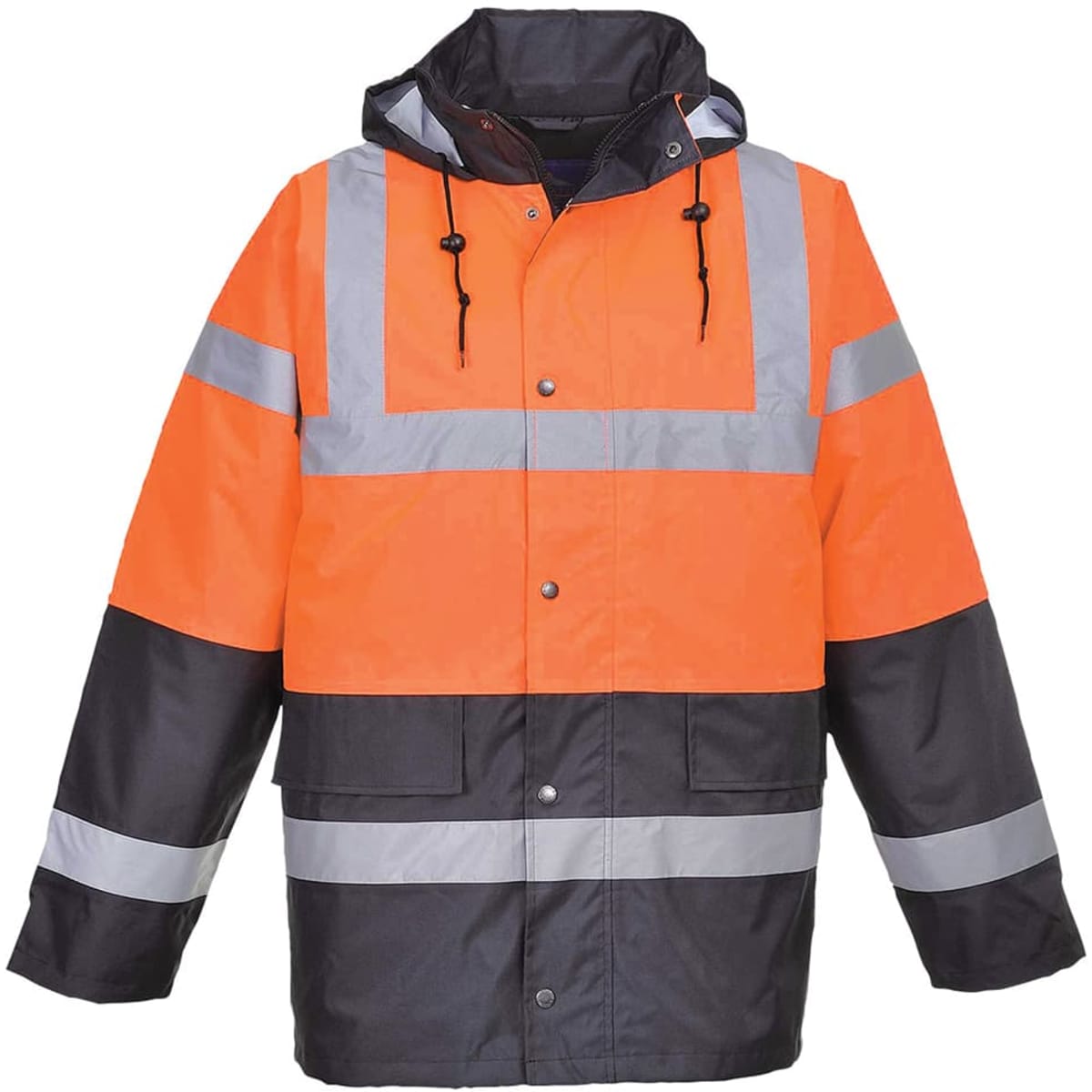A Hi-Vis 2-Tone jacket featuring bright orange and black panels with reflective strips and a hood. It has a logo.