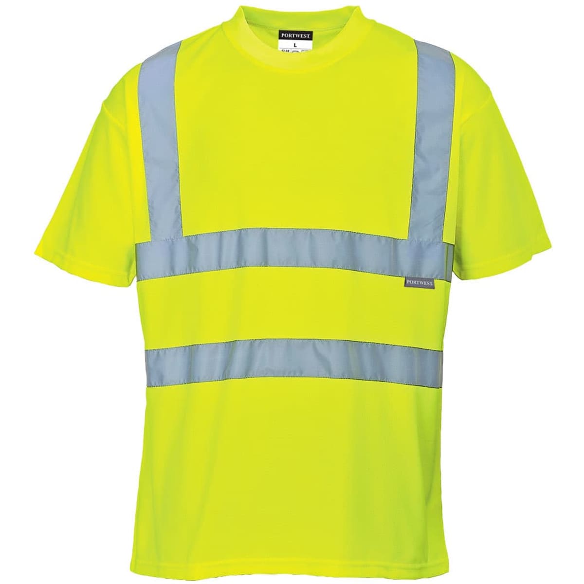A bright yellow Hi-Vis T-shirt featuring reflective grey stripes and a logo on the front.