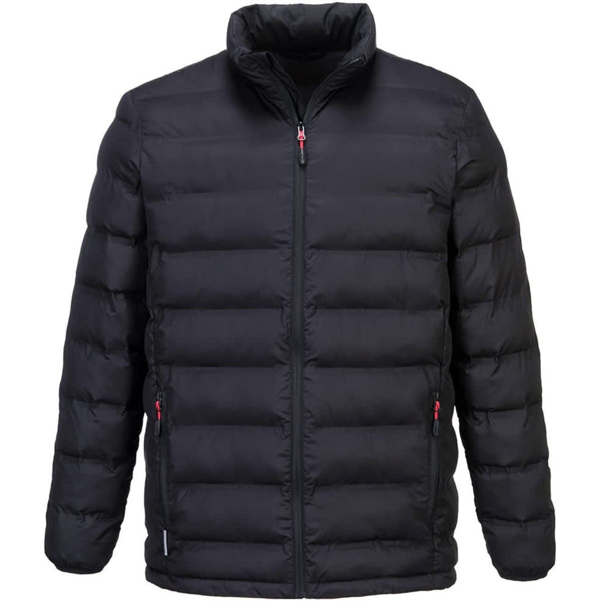 A black puffer jacket with a zip front and side pockets, featuring a high collar and a logo on the hem.