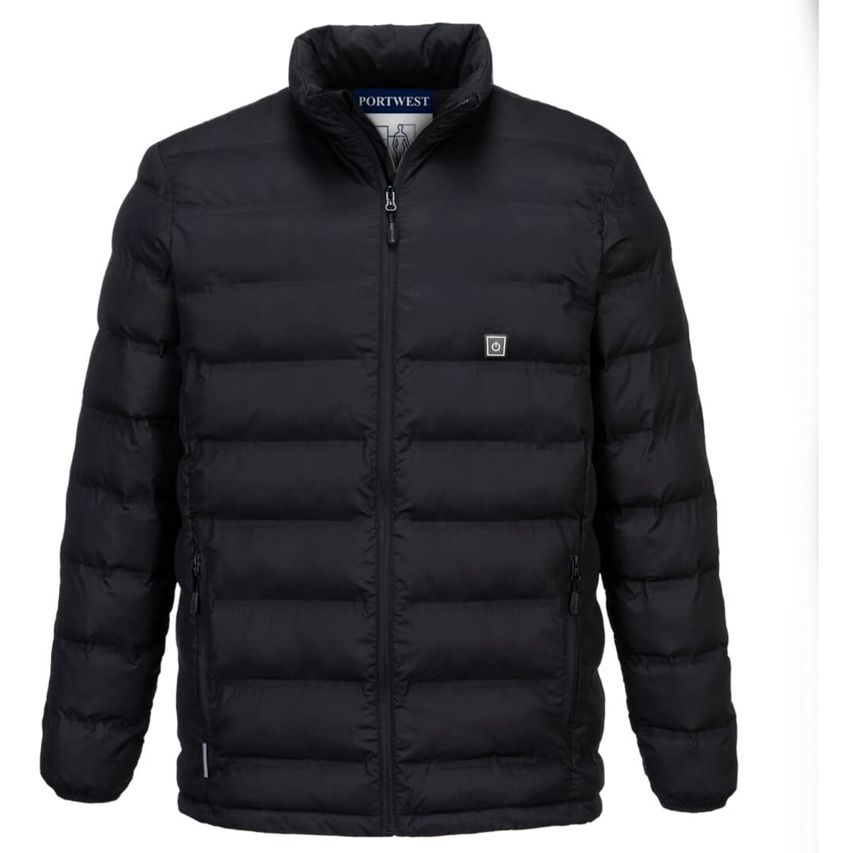 A black, puffy jacket with a zip front and a branding logo on the chest.